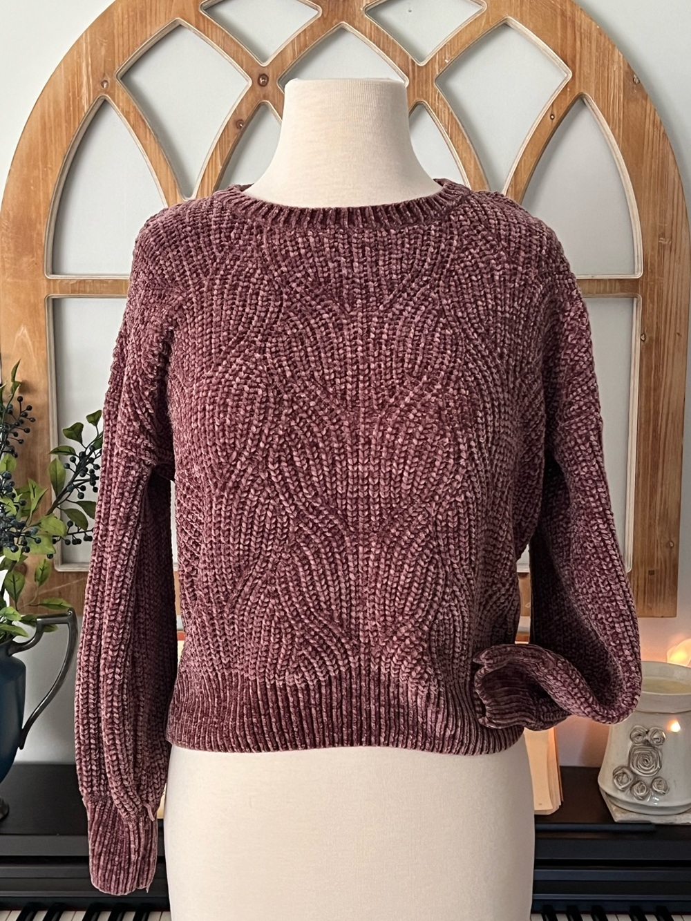 Pink Rose Cable Chenille Crew Sweater in Mauve